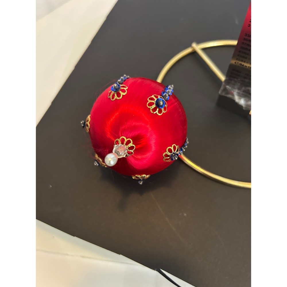 Christmas Ornament Red Satin Sequin Bead Gold Filigree Faux Pearl Collectible